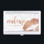Elegant copper rose gold lips and marble makeup business card case<br><div class="desc">Stylish and modern makeup design featuring faux copper rose gold makeup text and lips,  white marble texture.</div>