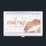 Elegant copper rose gold lips and marble makeup business card case<br><div class="desc">Stylish and modern makeup design featuring faux copper rose gold makeup text and lips,  white marble texture.</div>