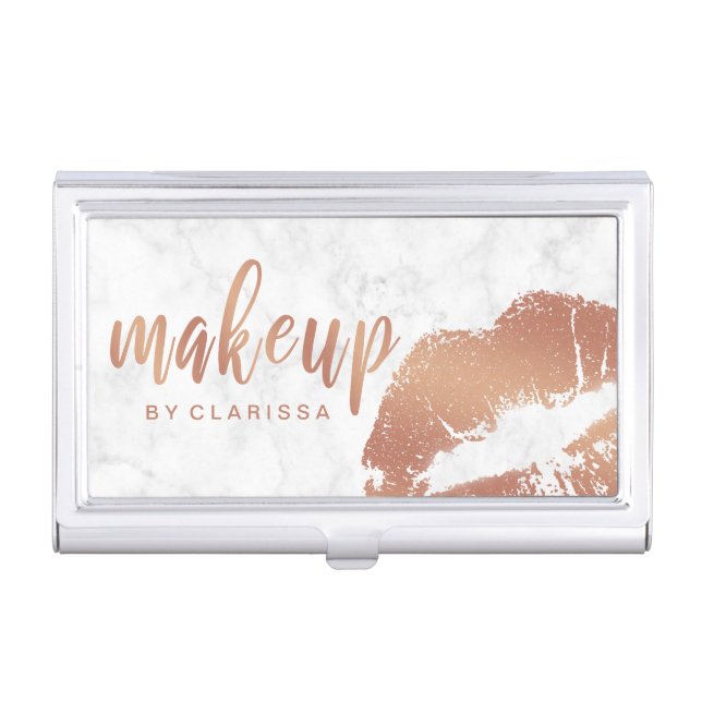 Elegant copper rose gold lips and marble makeup business card case (Front)