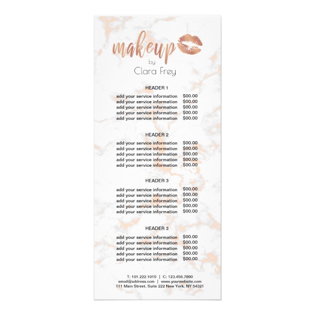 Elegant copper rose gold lips and marble makeup rack card (Front)