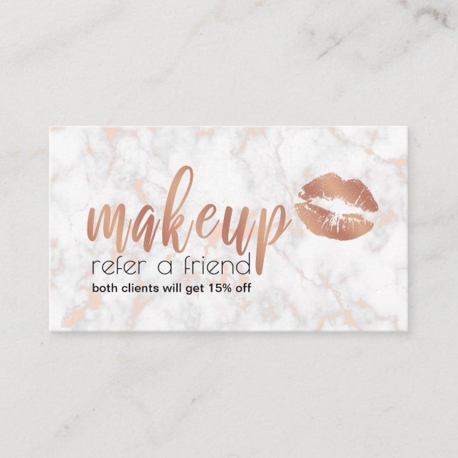 Elegant copper rose gold lips and marble makeup referral card (Front)