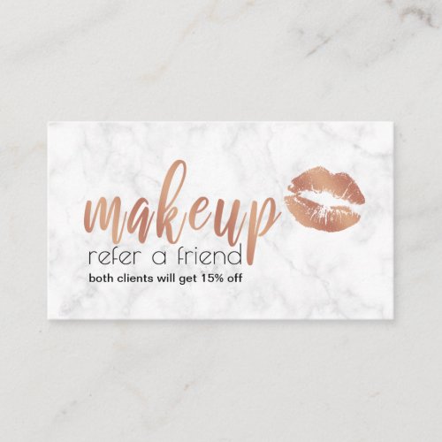 Elegant copper rose gold lips and marble makeup referral card