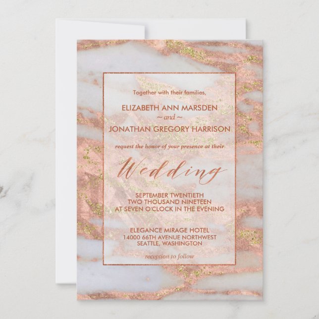 Elegant Copper Rose Gold Marble Glitter Wedding Invitation (Front)
