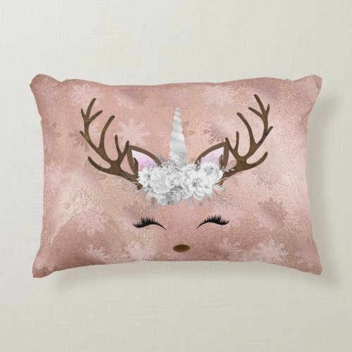 Elegant copper rose gold marble unicorn reindeer accent pillow