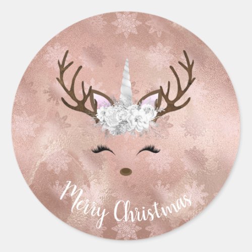 Elegant copper rose gold marble unicorn reindeer classic round sticker