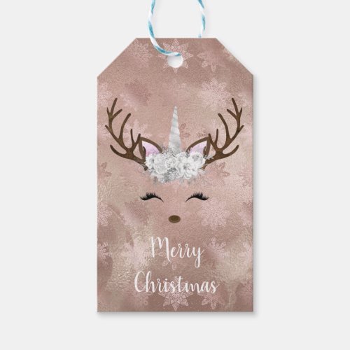 Elegant copper rose gold marble unicorn reindeer gift tags