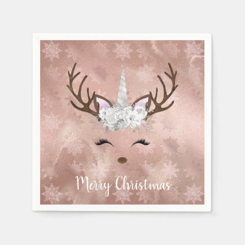 Elegant copper rose gold marble unicorn reindeer napkins