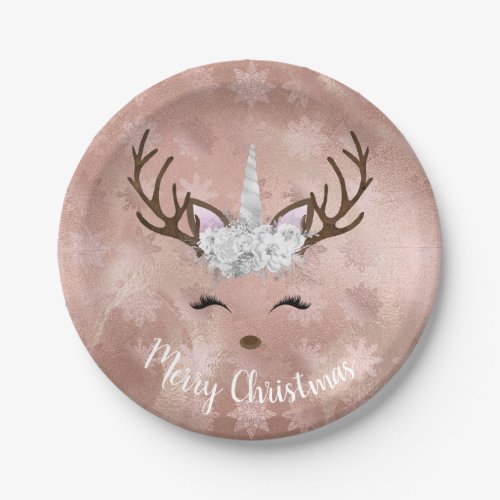 Elegant copper rose gold marble unicorn reindeer paper plates