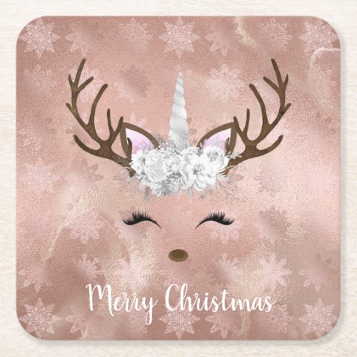 Elegant copper rose gold marble unicorn reindeer square paper coaster