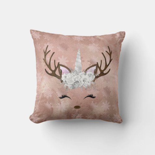 Elegant copper rose gold marble unicorn reindeer throw pillow