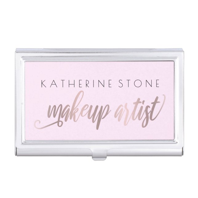Elegant copper rose gold purple makeup artist business card case (Front)