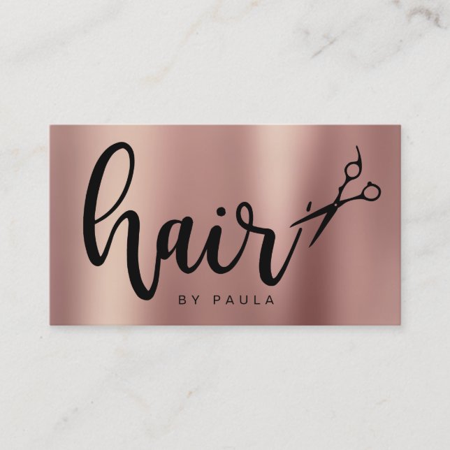 Elegant copper rose gold scissors hairstylist business card (Front)