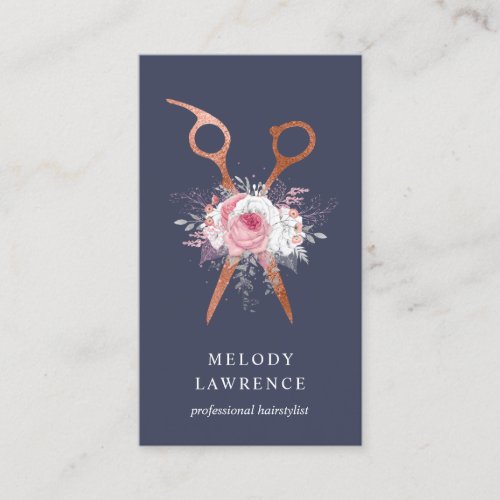 Elegant copper rose gold scissors hairstylist business card