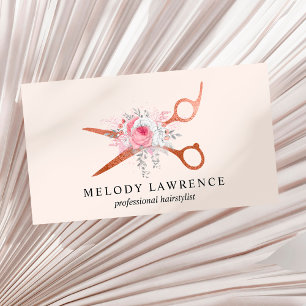 Elegant copper rose gold scissors hairstylist business card