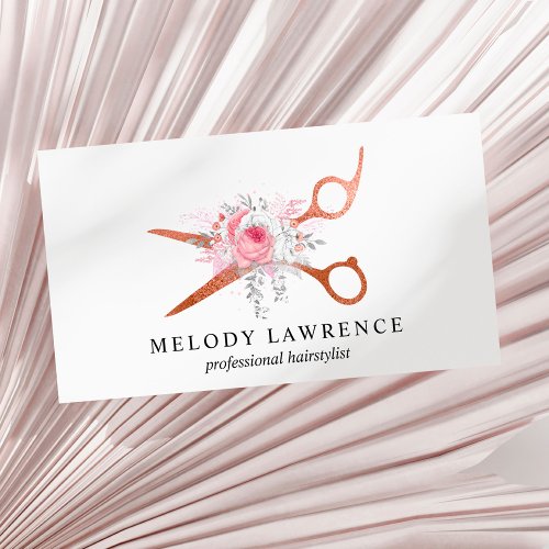Elegant copper rose gold scissors hairstylist business card