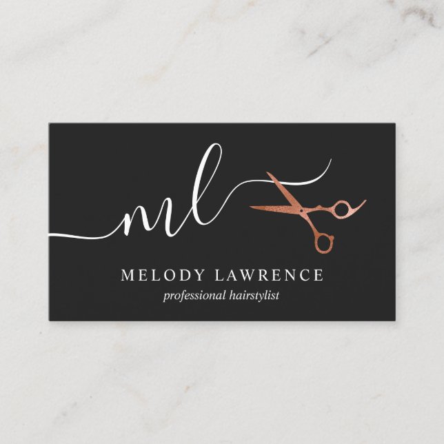 Elegant copper rose gold scissors hairstylist business card (Front)
