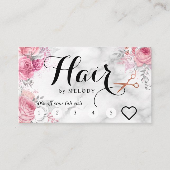 Elegant copper rose gold scissors hairstylist loyalty card (Front)