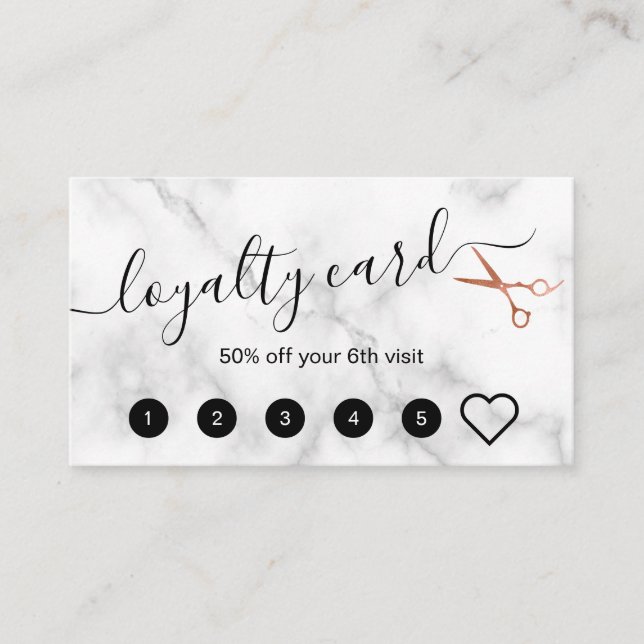 Elegant copper rose gold scissors hairstylist loyalty card (Front)