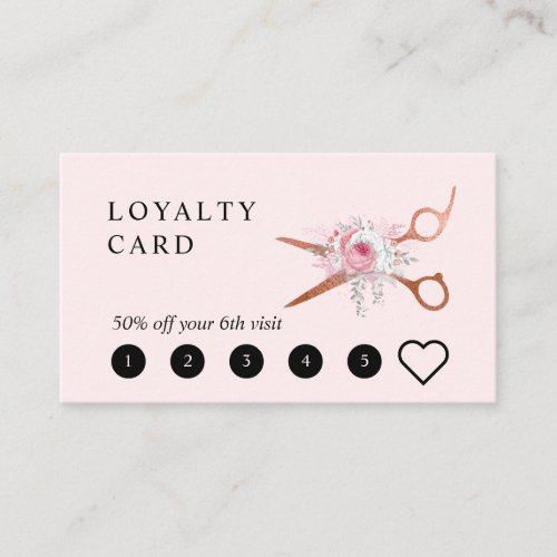 Elegant copper rose gold scissors hairstylist loyalty card