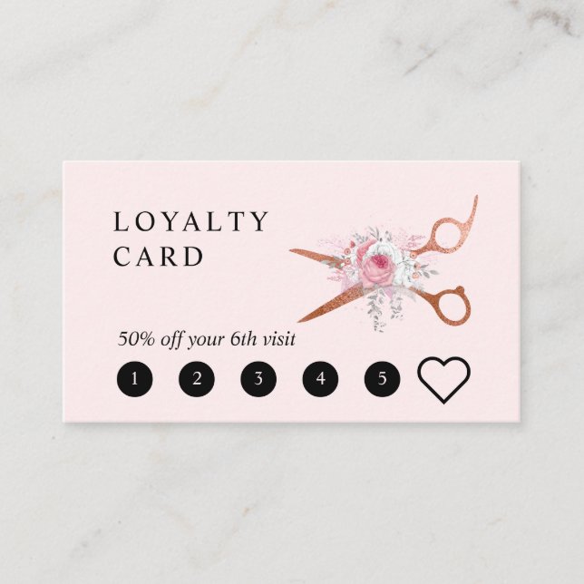 Elegant copper rose gold scissors hairstylist loyalty card (Front)