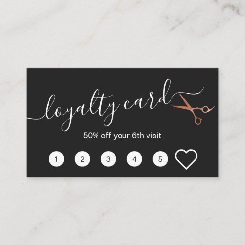 Elegant copper rose gold scissors hairstylist loyalty card
