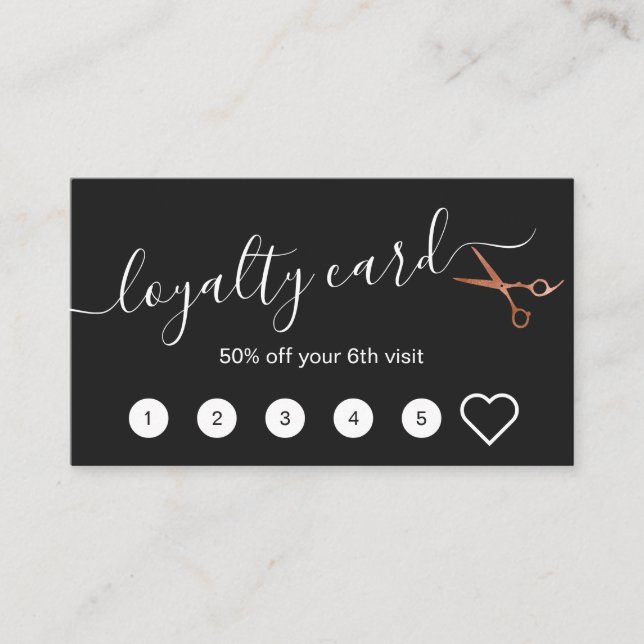 Elegant copper rose gold scissors hairstylist loyalty card (Front)