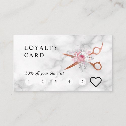 Elegant copper rose gold scissors hairstylist loyalty card