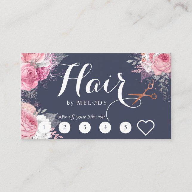 Elegant copper rose gold scissors hairstylist loyalty card (Front)