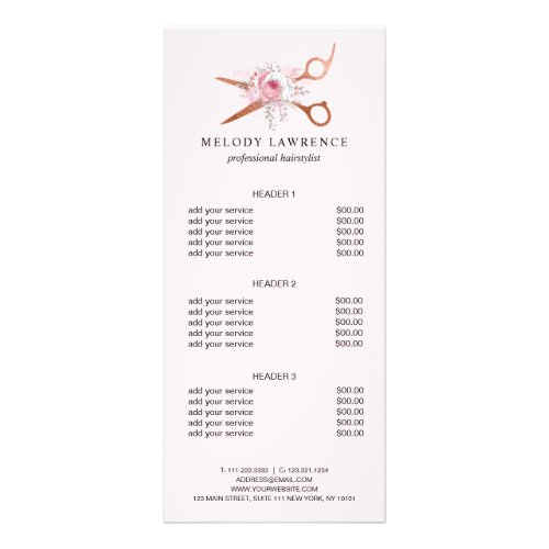 Elegant copper rose gold scissors hairstylist rack card