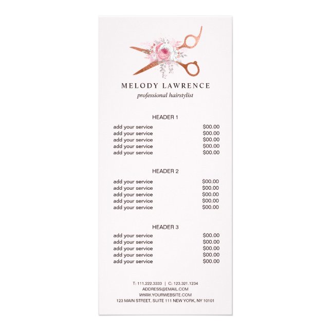 Elegant copper rose gold scissors hairstylist rack card (Front)