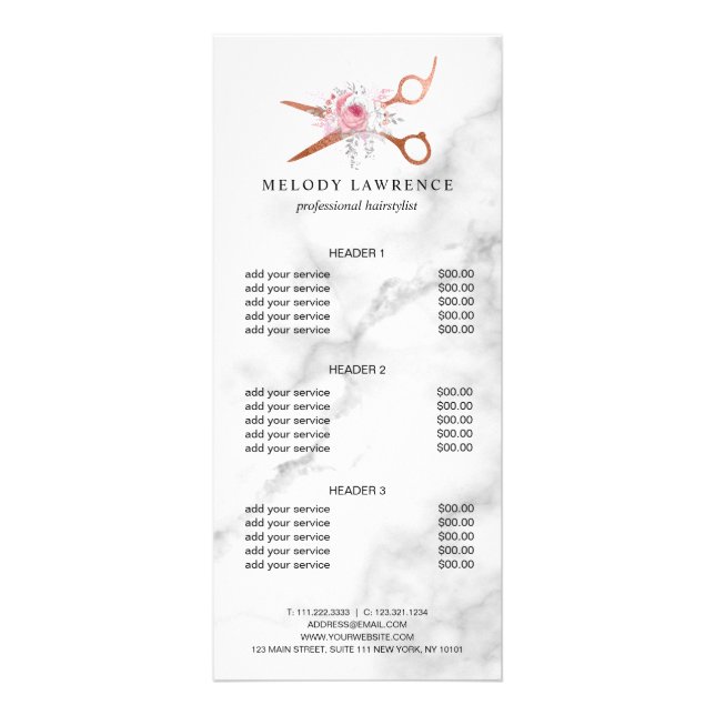 Elegant copper rose gold scissors hairstylist rack card (Front)