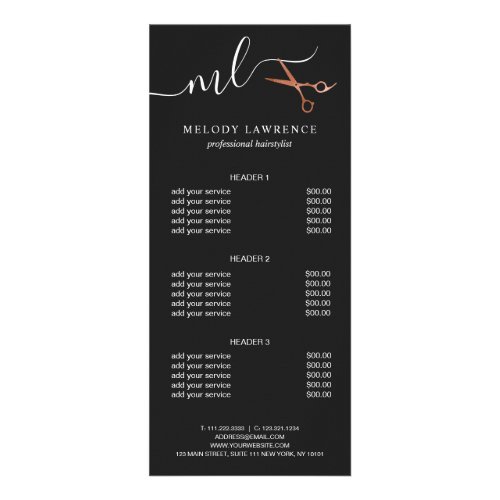 Elegant copper rose gold scissors hairstylist rack card