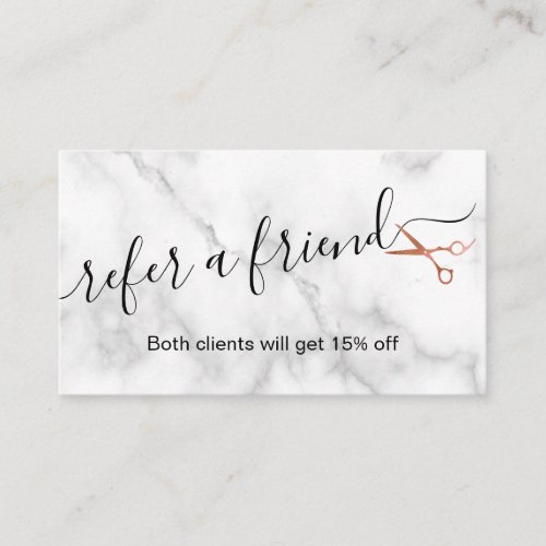 Elegant copper rose gold scissors hairstylist referral card