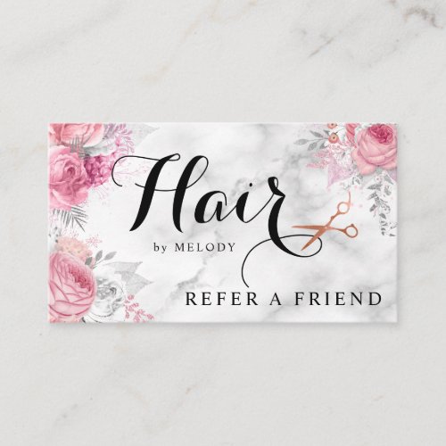 Elegant copper rose gold scissors hairstylist referral card