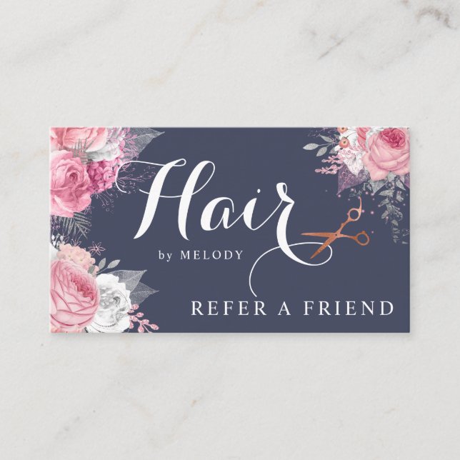 Elegant copper rose gold scissors hairstylist referral card (Front)