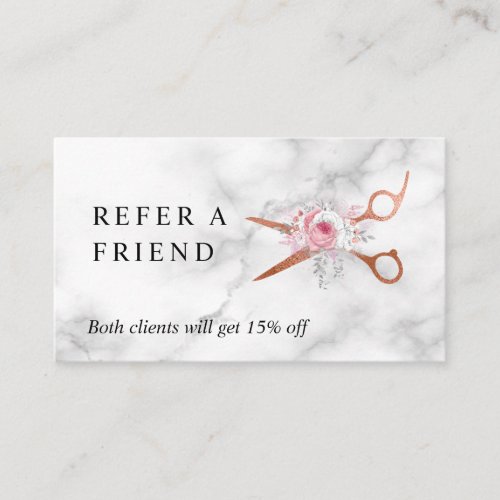 Elegant copper rose gold scissors hairstylist referral card