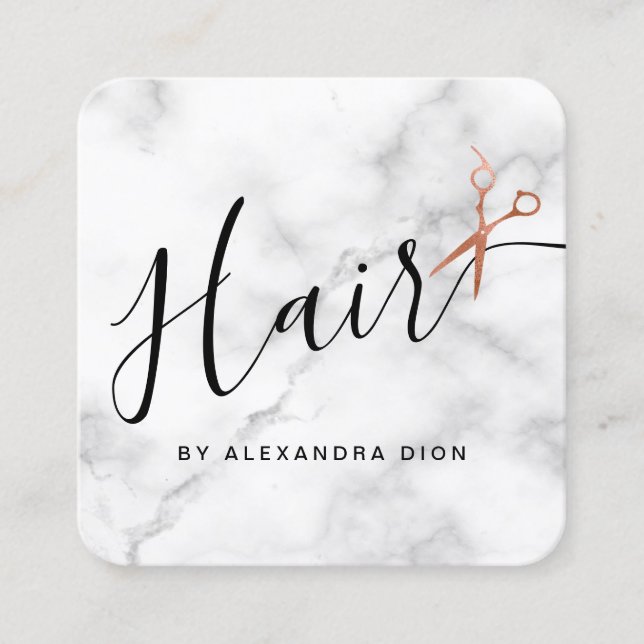 Elegant copper rose gold scissors hairstylist square business card (Front)