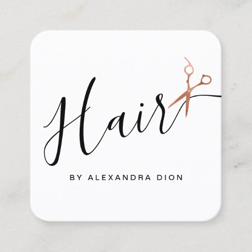 Elegant copper rose gold scissors hairstylist square business card