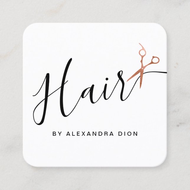 Elegant copper rose gold scissors hairstylist square business card (Front)