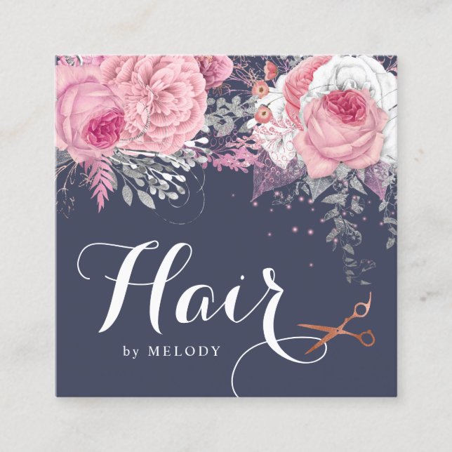 Elegant copper rose gold scissors hairstylist square business card (Front)