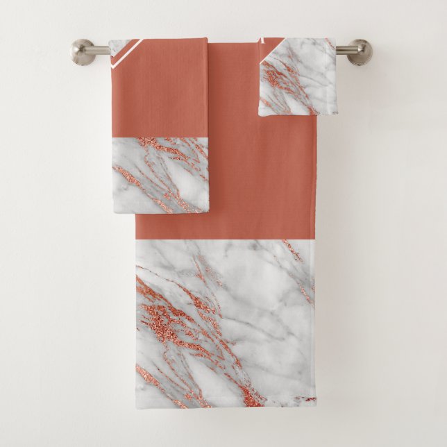Elegant Copper Rose Gold & White Marble |Monogram Bath Towel Set (Insitu)