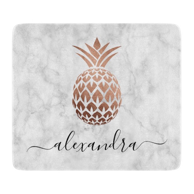 Elegant copper rose gold white marble pineapple cutting board (Front)