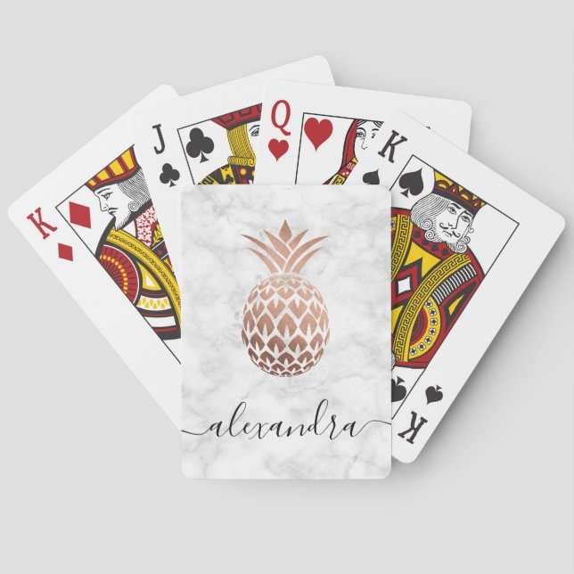Elegant copper rose gold white marble pineapple poker cards (Back)
