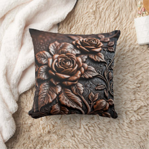Elegant Copper Roses on Artisan Leather Craft Throw Pillow