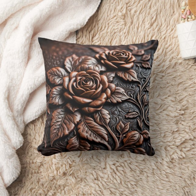 Elegant Copper Roses on Artisan Leather Craft Throw Pillow (Blanket)