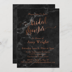 Elegant Copper Script Bridal Shower Black Marble Invitation