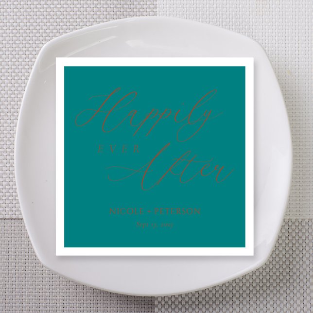 Elegant Copper Script Teal Wedding Napkins (Teal wedding napkin, "Happily Ever After" in copper flourish calligraphy, personalized names)