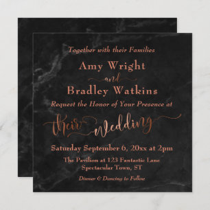 Elegant Copper Script w/ Black Marble Wedding Invitation