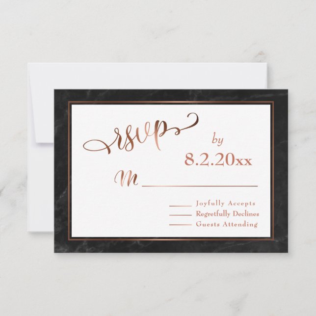 Elegant Copper Script w/ Black Marble Wedding RSVP (Front)