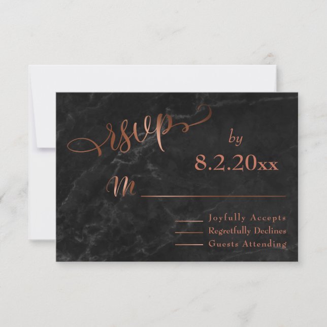 Elegant Copper Script w/ Black Marble Wedding RSVP (Front)